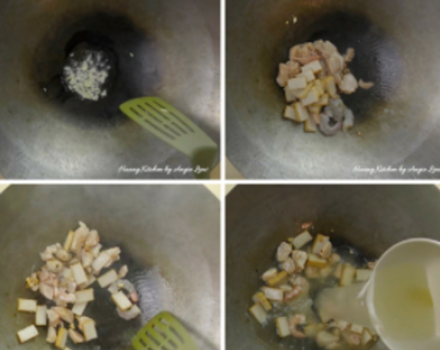 step 4 Heat up 2 tbsp oil, and fry the garlic until golden in colour. Add chicken, fishcake, prawns and fry till prawns turn pink. Then add Chicken Stock (2 cups)