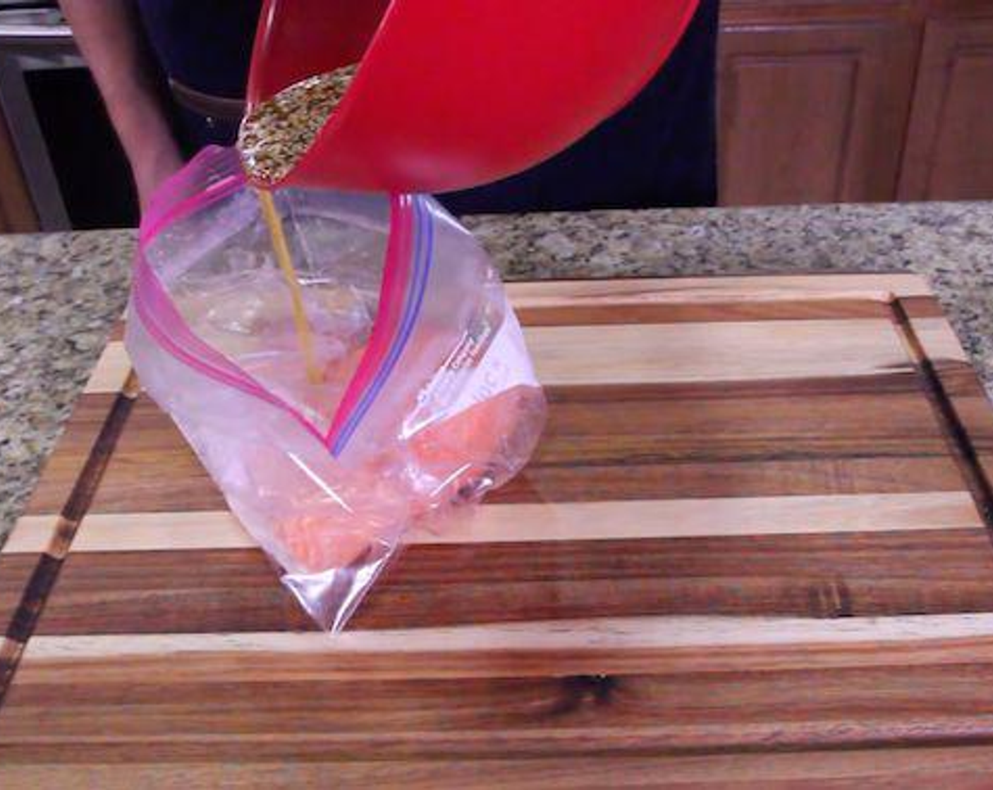 step 1 In a large bowl or baking dish, combine Olive Oil (4 Tbsp), Toasted Sesame Oil (2 Tbsp), Soy Sauce (2 Tbsp), Garlic (2 cloves), Fresh Ginger (1 Tbsp), Rice Vinegar (2 Tbsp), Brown Sugar (2 Tbsp), and Toasted White Sesame Seeds (1 Tbsp) and whisk well until combined. Add Salmon (1.5 lb) to the dish or place everything in a ziplock bag, then refrigerate and marinate for at least 30 minutes or overnight.