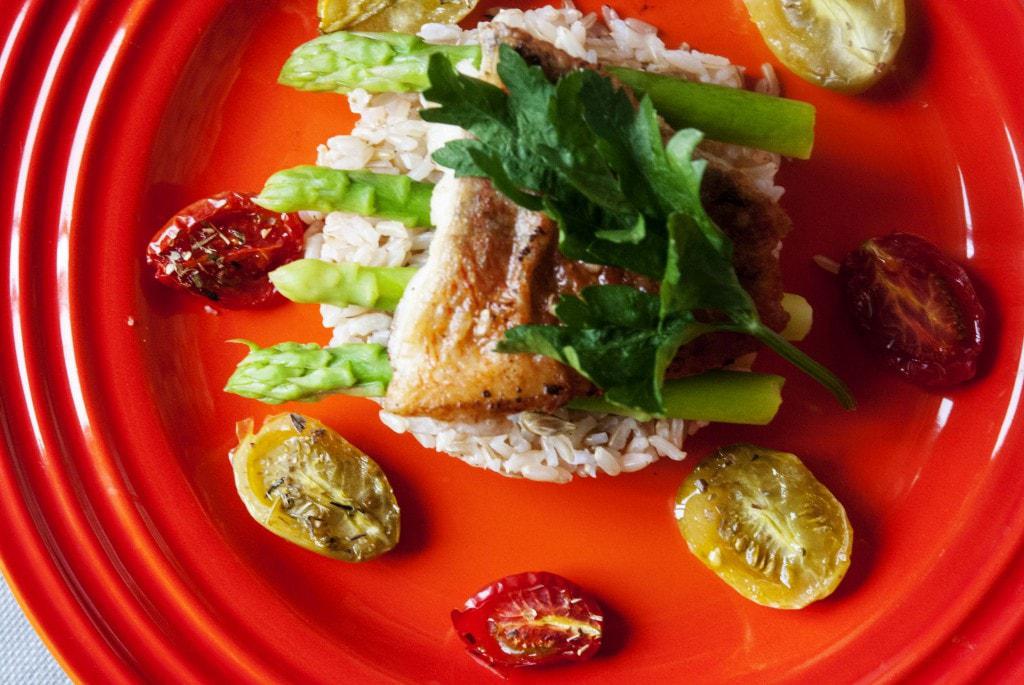 Pan fried Red Snapper Fillet with Asparagus and Confit Tomatoes