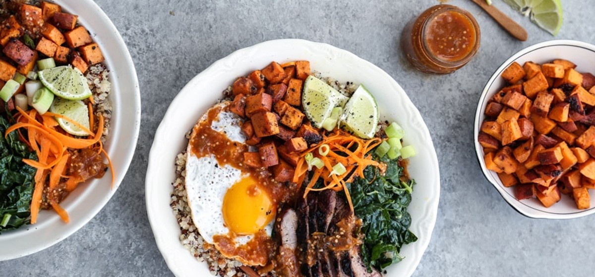 Quinoa, Miso Sweet Potatoes and Spicy Tomatillo Sauce Bibimbap Recipe | SideChef