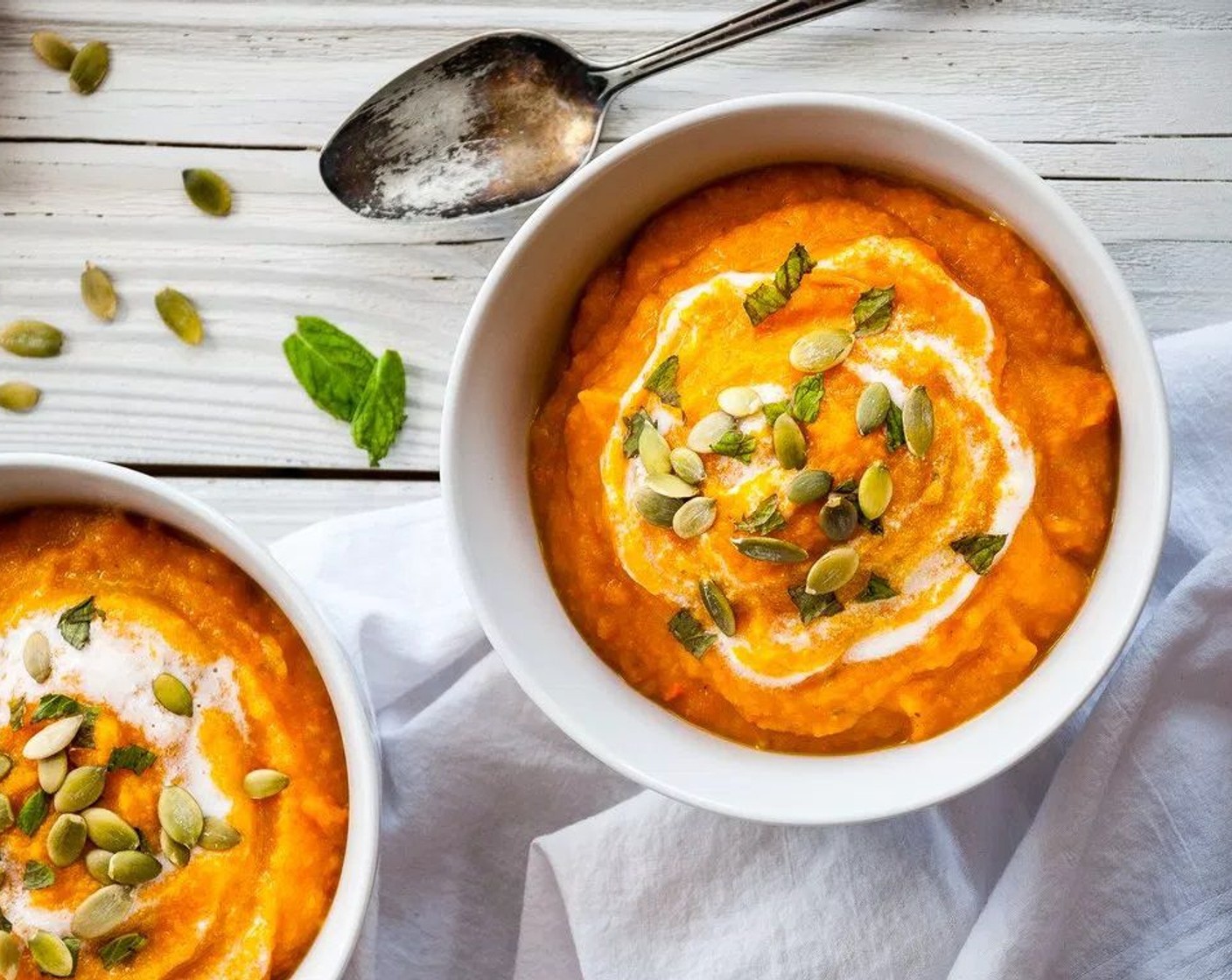 step 5 Return to heat and add Coconut Milk (13.6 fl oz), stirring to combine, just until the soup is thoroughly heated. Adjust seasonings as desired. Garnish with Fresh Mint Leaves (to taste), Pepitas (to taste) and Lemon Juice (to taste). We like it with a slice of fresh bread!