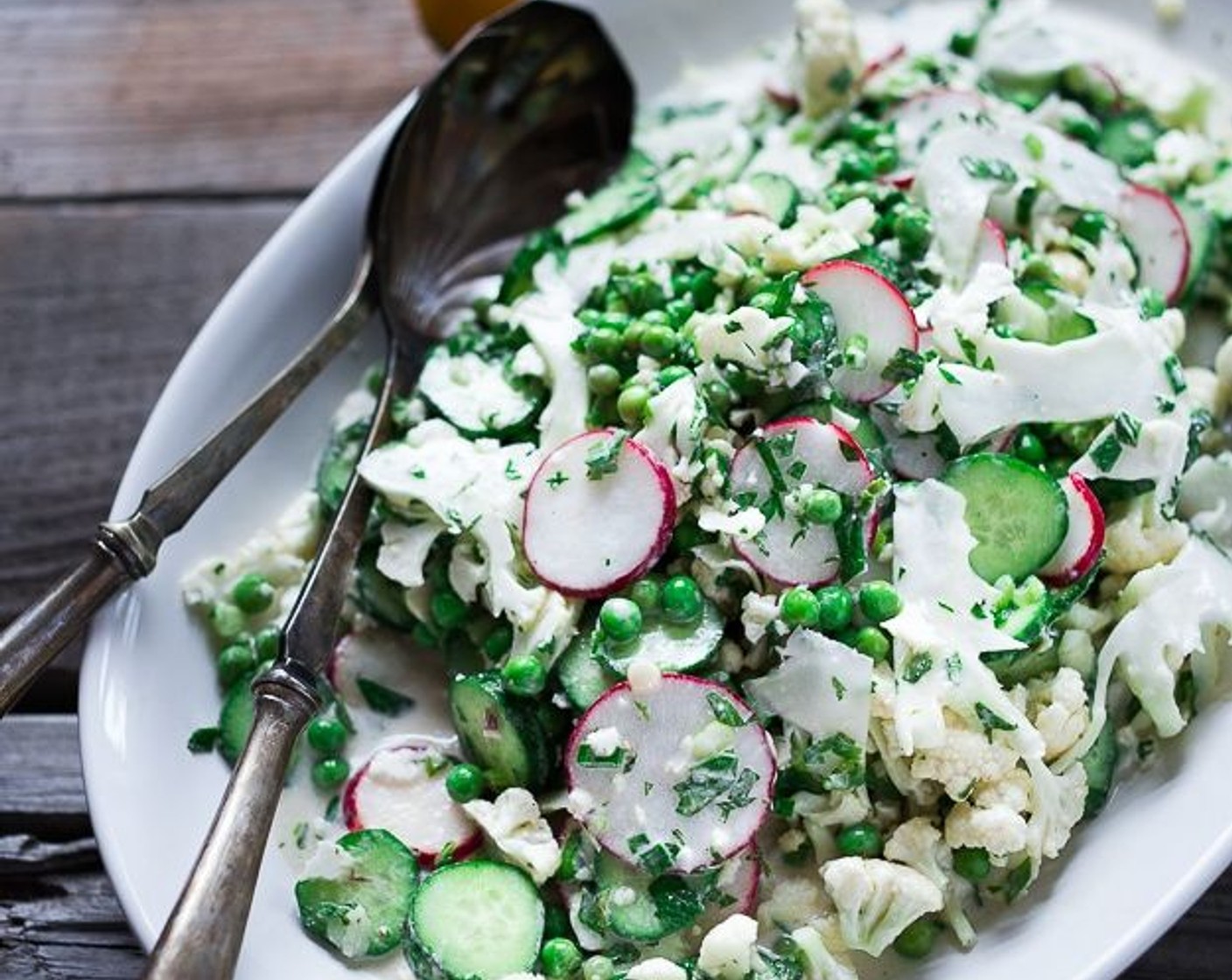 Shaved Cauliflower & Spring Peas with Yogurt & Mint