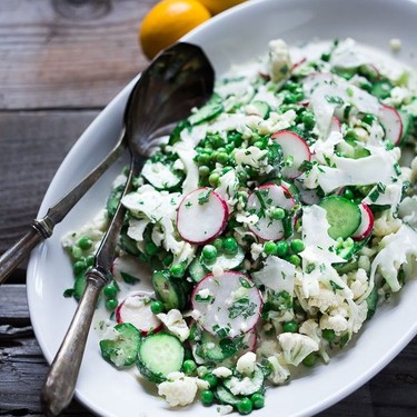 Shaved Cauliflower & Spring Peas with Yogurt & Mint Recipe | SideChef