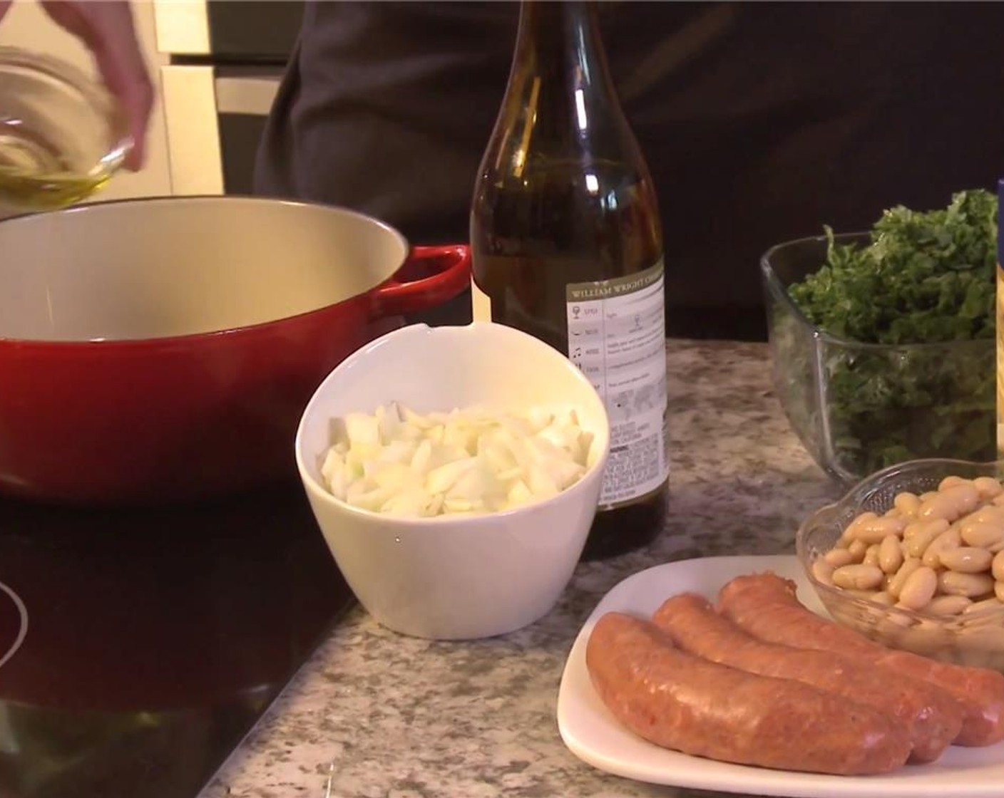 step 1 Heat the Olive Oil (2 Tbsp) in a 6-quart saucepot over medium-high heat. Remove the casing and slice the Italian-Style Chicken Sausages (8 oz) and cook until well browned, stirring often to separate meat. Pour off any fat.