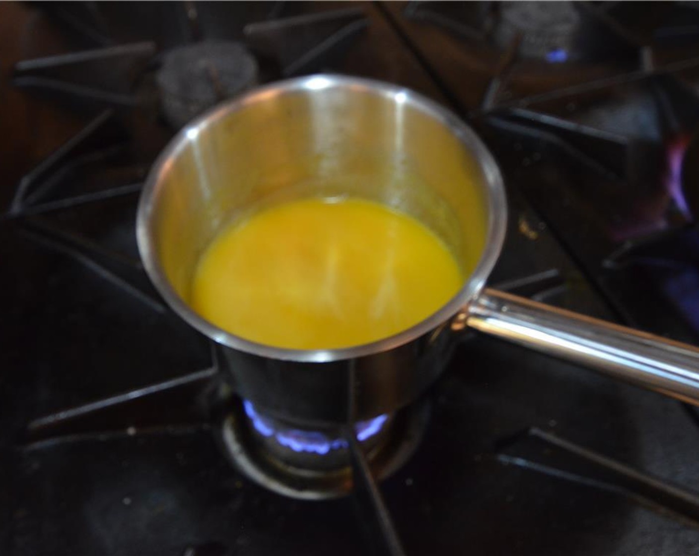 step 3 To start the risotto, combine Vegetable Stock (4 oz), Fresh Apple Juice (1 cup), and Fresh Pumpkin Juice (1 cup) in a small saucepan and hold warm at 90 degrees C (195 degrees C).
