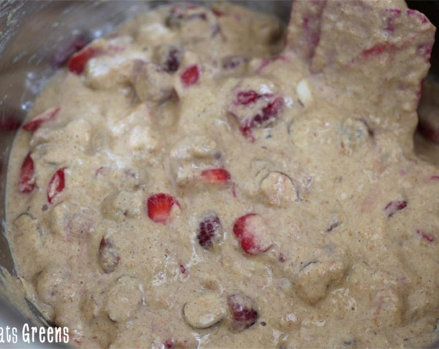 step 4 Add the flax egg to the dry mixture, and then add the rest of the wet mixture to the dry mixture and stir until everything is incorporated. Add the Fresh Strawberry (3/4 cup) and Fresh Raspberry (1 cup) the batter and mix gently just until they're mixed in.