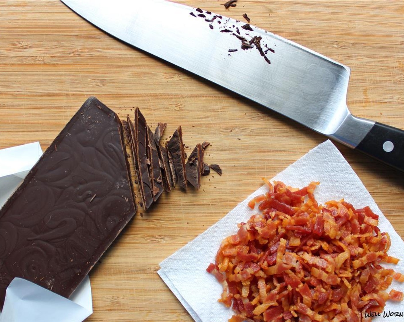 step 1 Chop the Semi-Sweet Chocolate Chips (1/3 cup) and Bacon (8 oz). Melt the Butter (3 Tbsp).