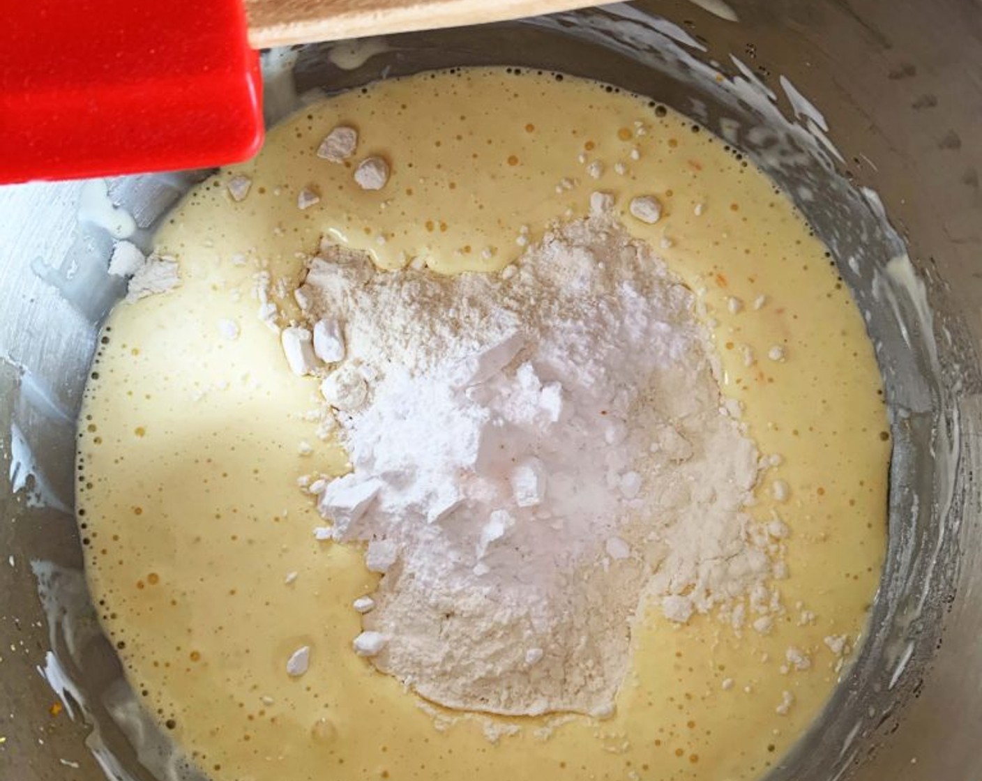 step 4 In a separate bowl combine Cake Flour (1 2/3 cups), Salt (1 pinch), and Baking Powder (1 Tbsp). Add the dry ingredients to the bowl of your electric mixer all at once.
