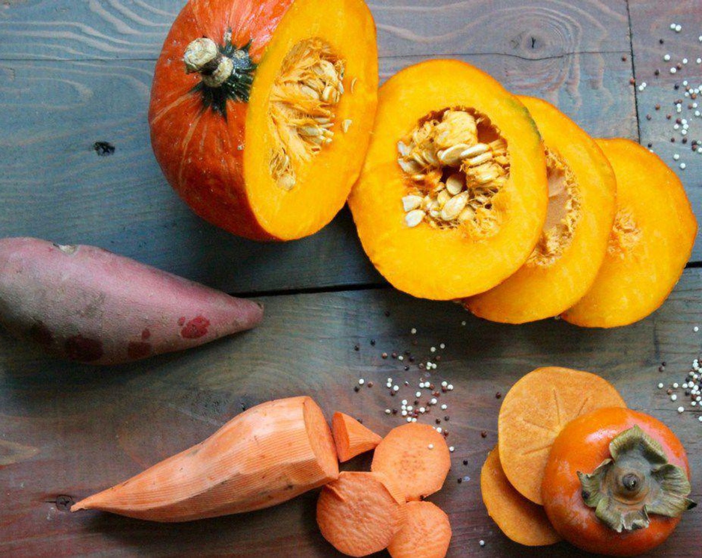 step 2 Place Sweet Potato (1) and Pumpkin (1) on a parchment-lined baking sheet. Roast in oven for 40 minutes. Cool and remove skin from pumpkin while warm.