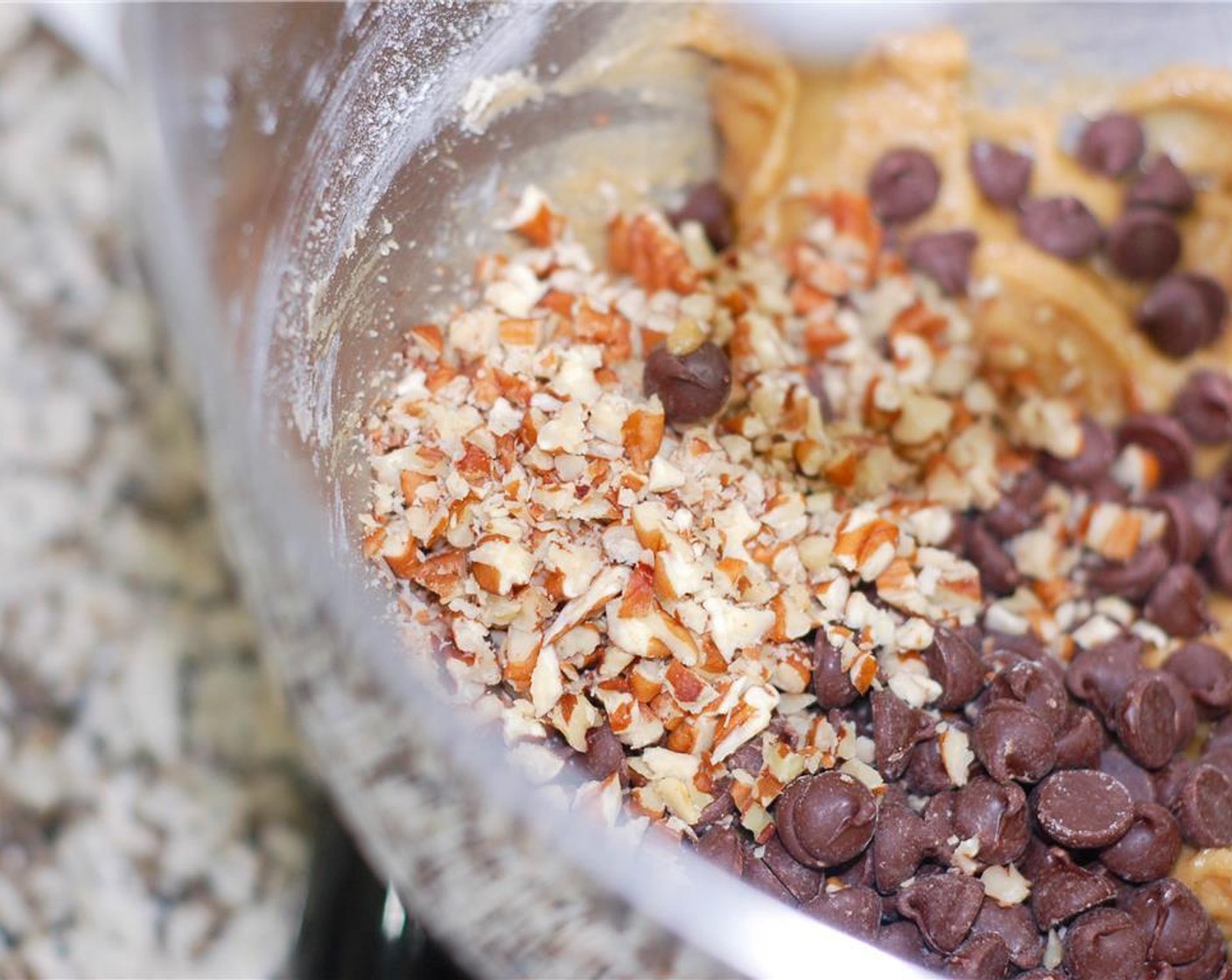 step 3 Add rice flour mixture to the stand mixer, a little at a time, mixing on low speed and scraping down the sides of the bowl in between. Add Semi-Sweet Chocolate Chips (1/2 cup) and chopped pecans. Mix until incorporated. Refrigerate 1 hour. Before the hour is up, preheat your oven to 375 degrees F (190 degrees C) so it is ready to go.