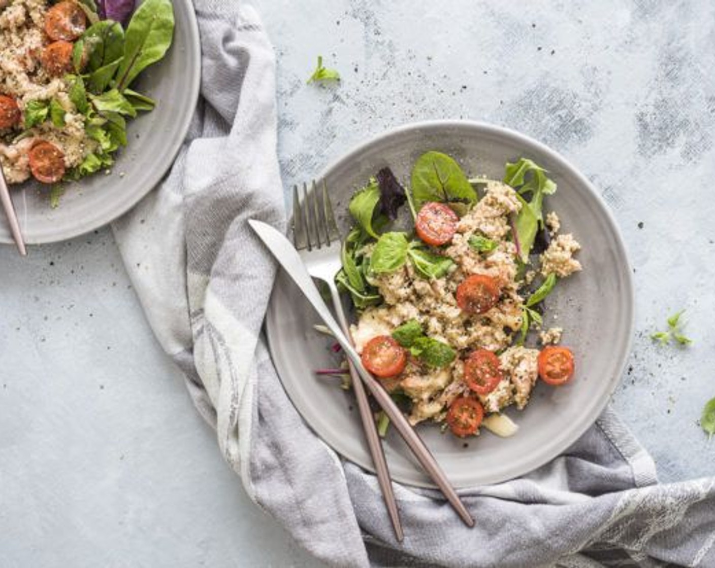 step 7 Serve the quinoa and salmon mix with Lettuce (4 handfuls) and Cherry Tomatoes (5). Add some extra Salt (to taste) and Ground Black Pepper (to taste) if needed. Enjoy!