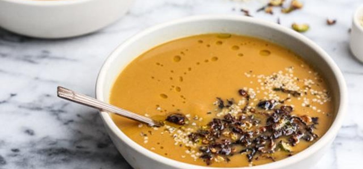 Vegan Butternut Squash Soup with Crispy Brussels Sprouts and Ginger Recipe | SideChef