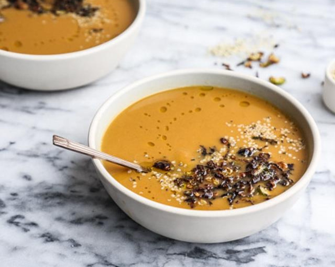 Vegan Butternut Squash Soup with Crispy Brussels Sprouts and Ginger