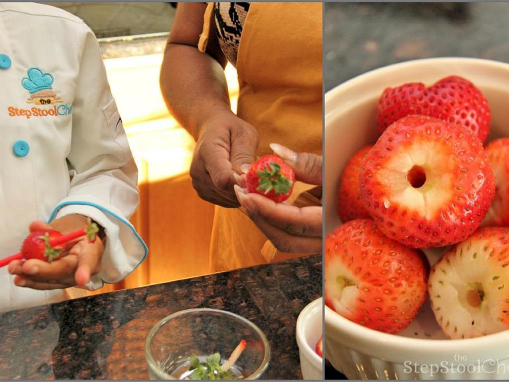 Step 2 of YaYa's No-Bake Strawberry Shortcake Recipe: Using a straw, turn your Fresh Strawberry (1 pint) over so the green leafy bit faces down, place your straw over the pointy end of the berry, and push straight down. The green leafy bit pops right off and the white core is gone.