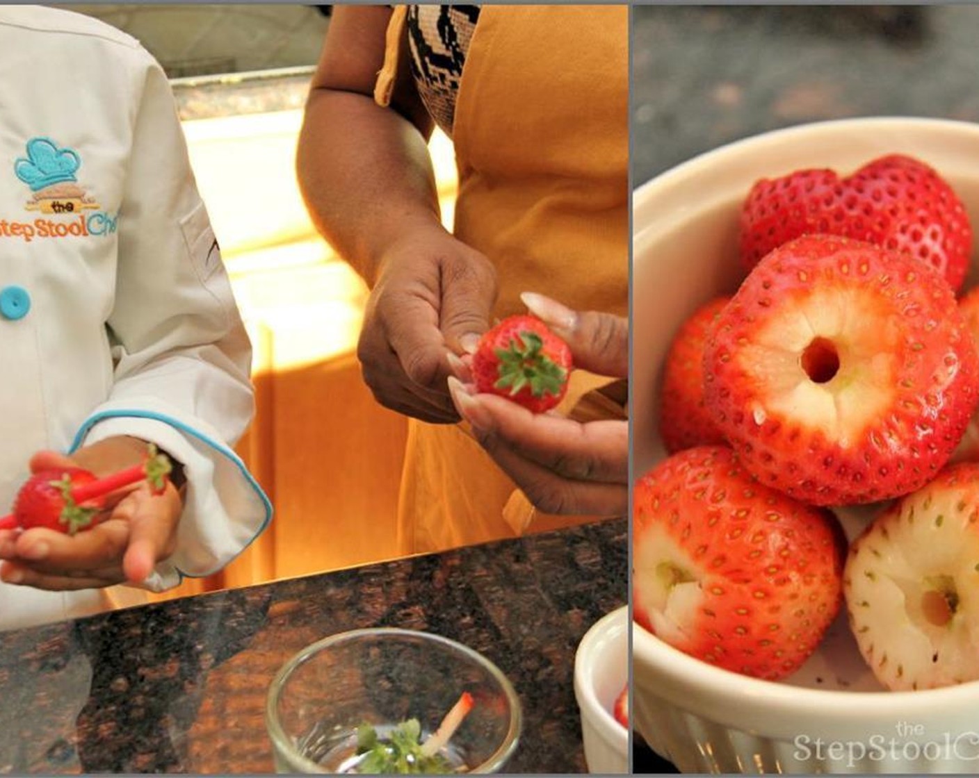 step 2 Using a straw, turn your Fresh Strawberries (2 cups) over so the green leafy bit faces down, place your straw over the pointy end of the berry, and push straight down. The green leafy bit pops right off and the white core is gone.