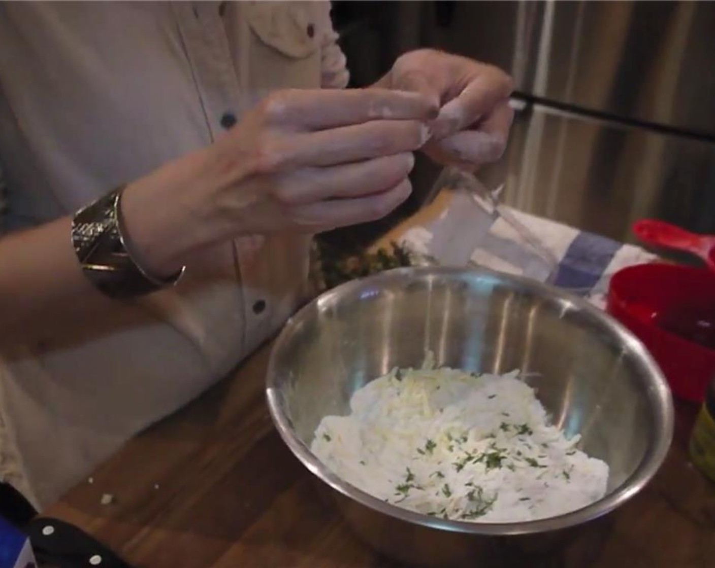 step 4 In a large bowl, add All-Purpose Flour (2 cups), Baking Powder (2 Tbsp), Salt (1 pinch), Sharp Cheddar Cheese (2 cups) and Fresh Thyme Leaves (1/2 Tbsp).