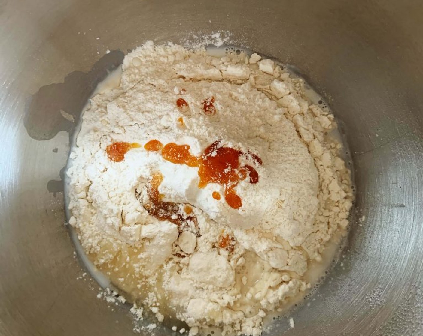 step 3 To the starter, add the remaining Type 00 Flour (2 1/3 cups), Water (1/4 cup), Oat Milk (1/4 cup), Fresh Yeast (1/2 Tbsp), Powdered Erythritol (3 Tbsp), and sugar-orange infuse and mix together.