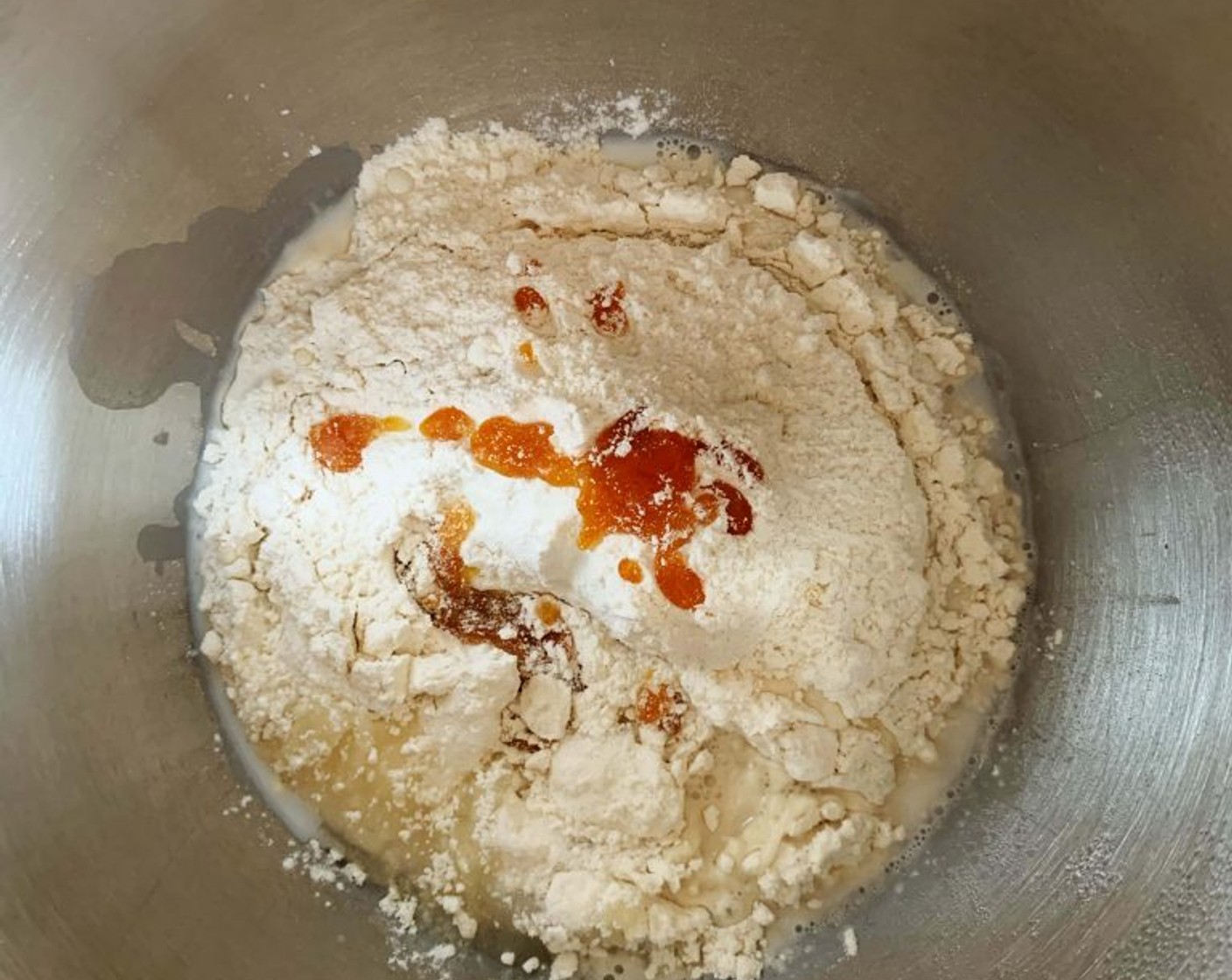 step 3 To the starter, add the remaining Type 00 Flour (2 1/3 cups), Water (1/4 cup), Oat Milk (1/4 cup), Fresh Yeast (2 tsp), Powdered Erythritol (3 Tbsp), and sugar-orange infuse and mix together.