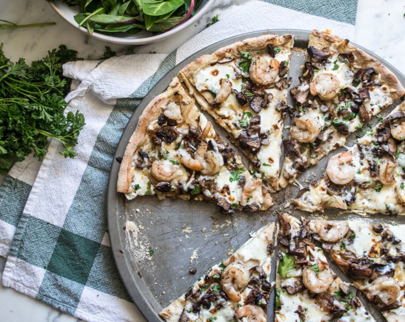 Gluten-Free Cheesy Garlic Shrimp and Mushroom Pizza