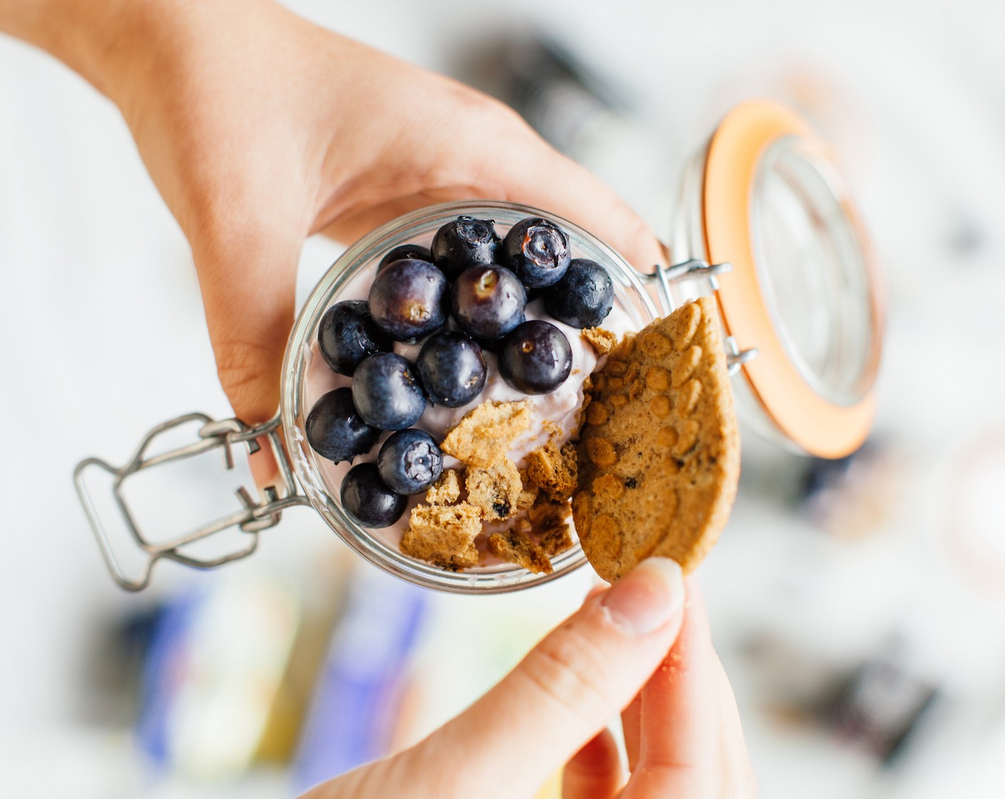 step 2 Top with belVita® Breakfast Biscuits (to taste) and Mixed Berry Yogurt (to taste). Throw some Fresh Blueberry (1/2 pckg) on top along with some more biscuits. Serve and enjoy!