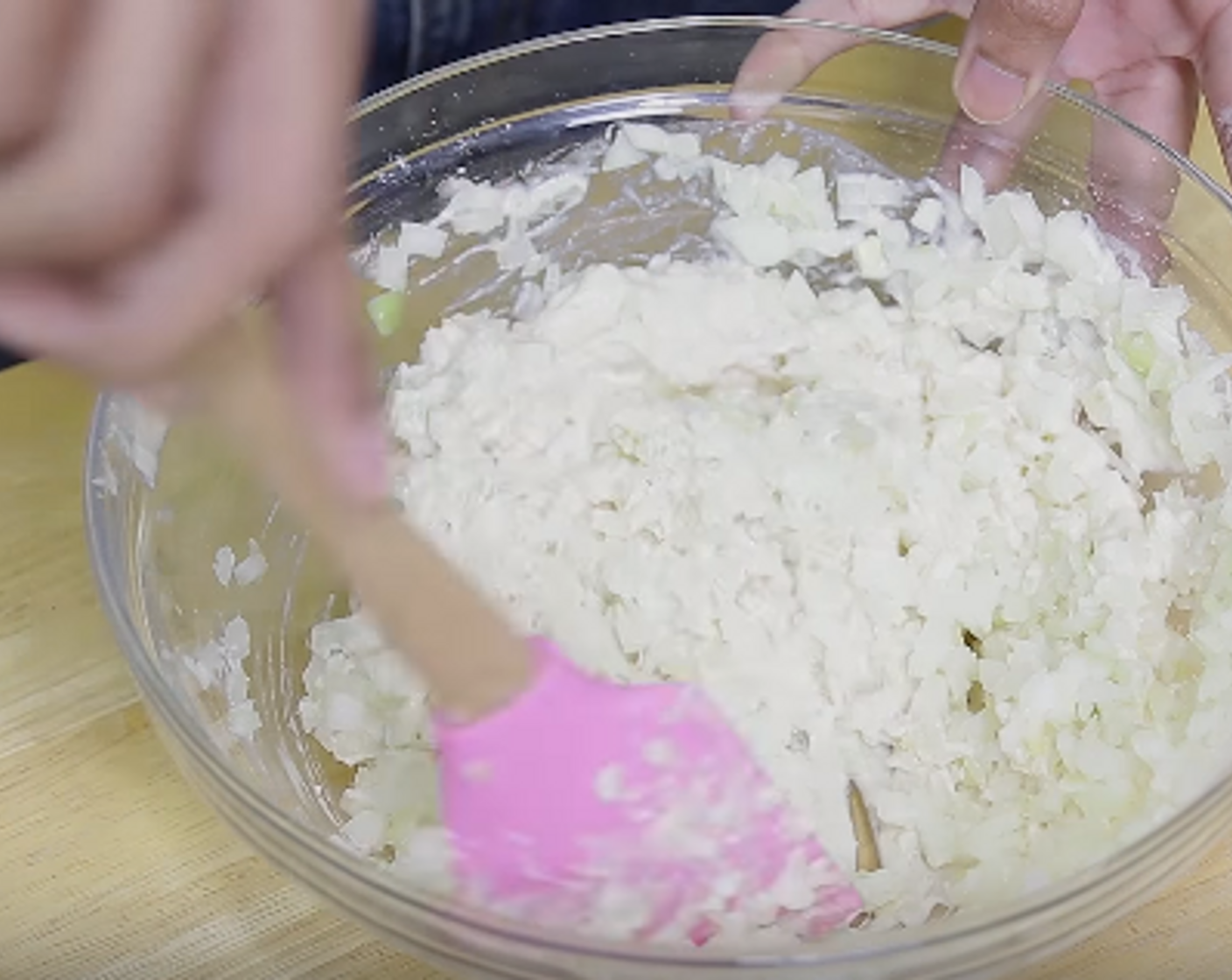 step 2 Add chopped Yellow Onions (2 cups) and mix thoroughly. The mixture will be thick and that's what we want.