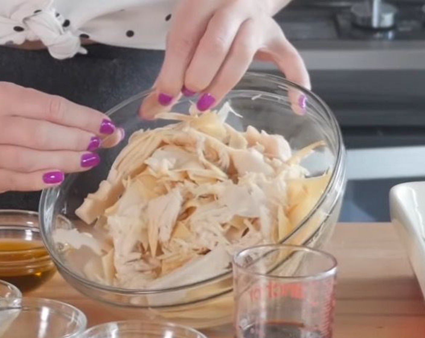 step 1 Place Banana Blossoms (2 cans) on a lipped plate or small casserole dish, press lightly with hands to slightly splay out the layers of the blossom. Set aside.