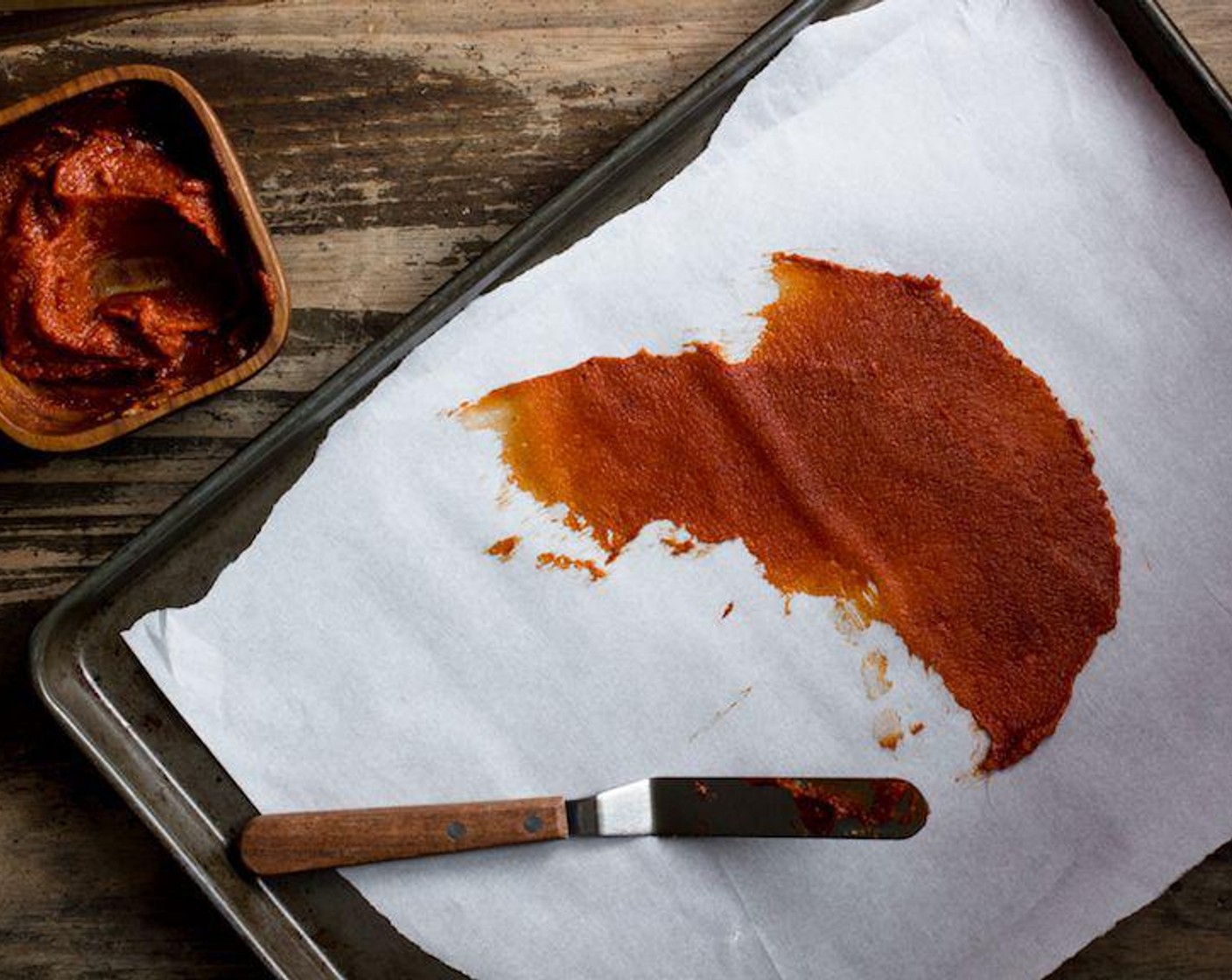 step 1 In a small bowl, combine the Miso Paste (3 Tbsp) and Gochujang (1 1/2 Tbsp) together. Put a piece of parchment paper into a cookie sheet and spread the paste thinly, 1 millimeter thick, onto the parchment paper.
