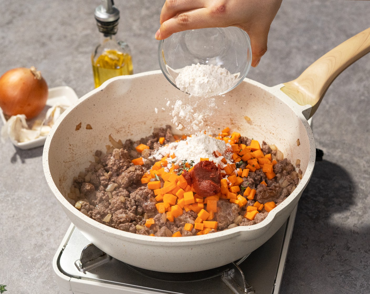 step 5 Add Carrot (1), Tomato Paste (1 Tbsp), Fresh Rosemary (1 tsp), Fresh Thyme (1 tsp), and All-Purpose Flour (2 Tbsp). Stir to combine. Cook over medium-low heat for 2-3 minutes, stirring occasionally.