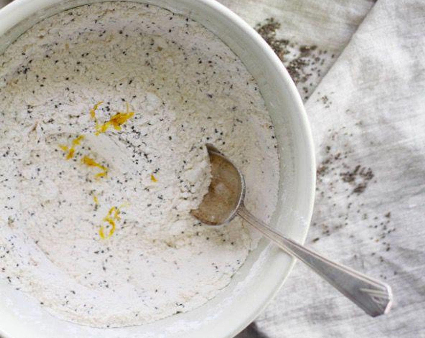 step 2 In a large bowl, combine the All-Purpose Flour (1 3/4 cups), Granulated Sugar (1/2 cup), Chia Seeds (3 Tbsp), zest from Lemon (1), Baking Powder (1 tsp), Baking Soda (1 tsp), and Salt (1/2 tsp).