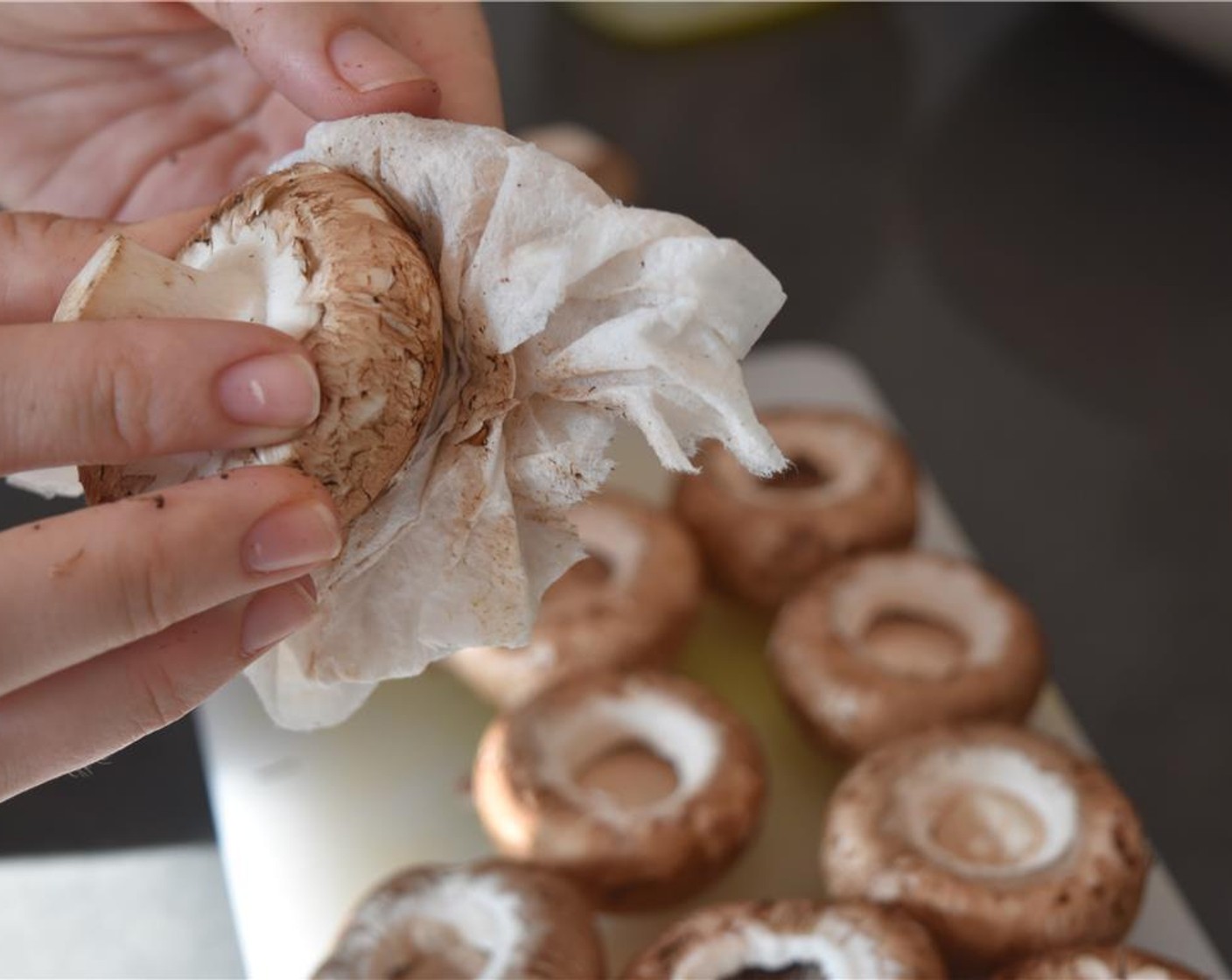 step 2 Clean the Cremini Mushrooms (15) and remove the stems.