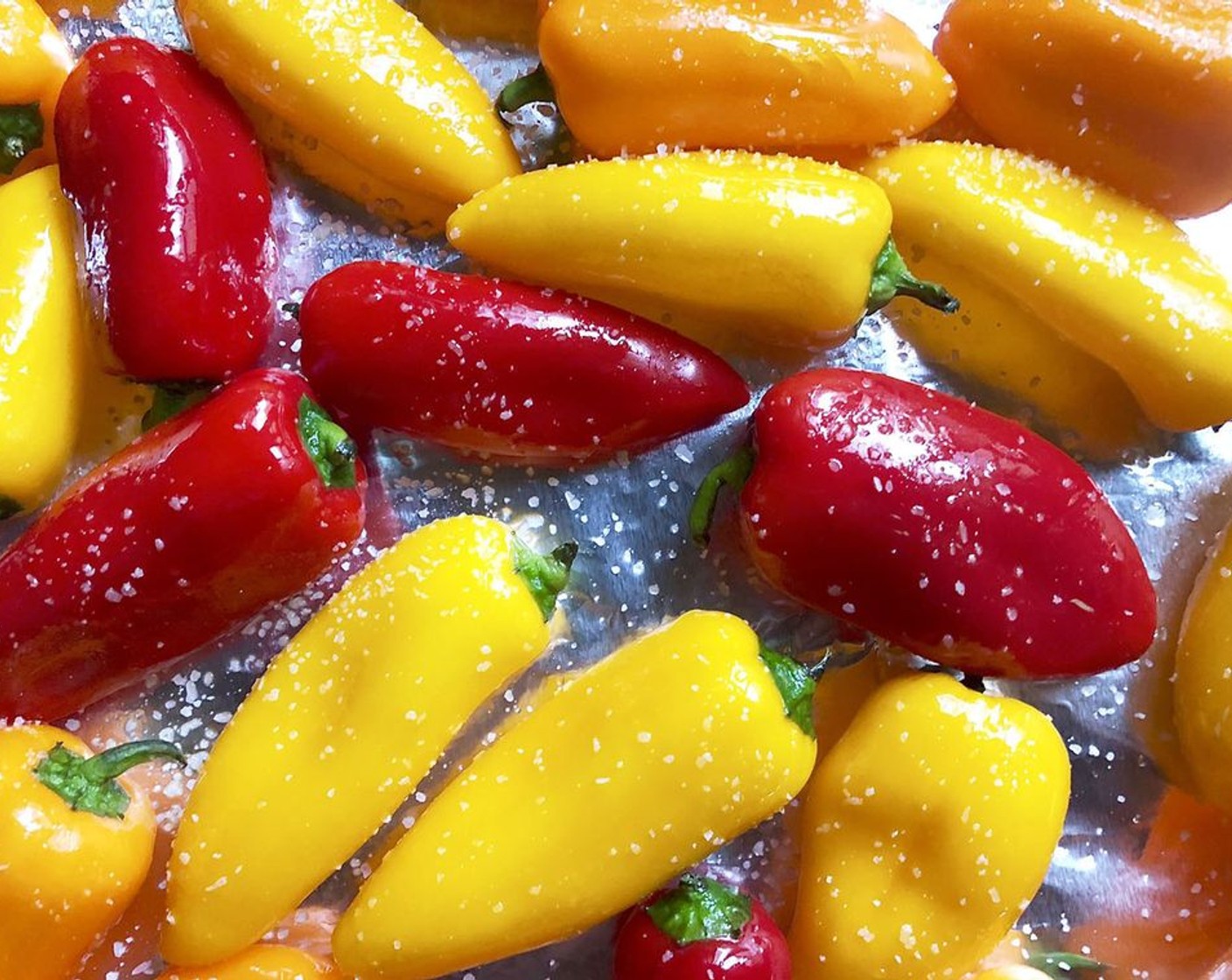 step 2 Toss the Bell Peppers (2 pckg) with Olive Oil (1 Tbsp) and Kosher Salt (1/2 tsp), arrange them in a single layer on an aluminum foil-lined rimmed baking sheet. Broil until the tops are lightly charred, about 5-7 minutes. Let cool to room temperature for half an hour.