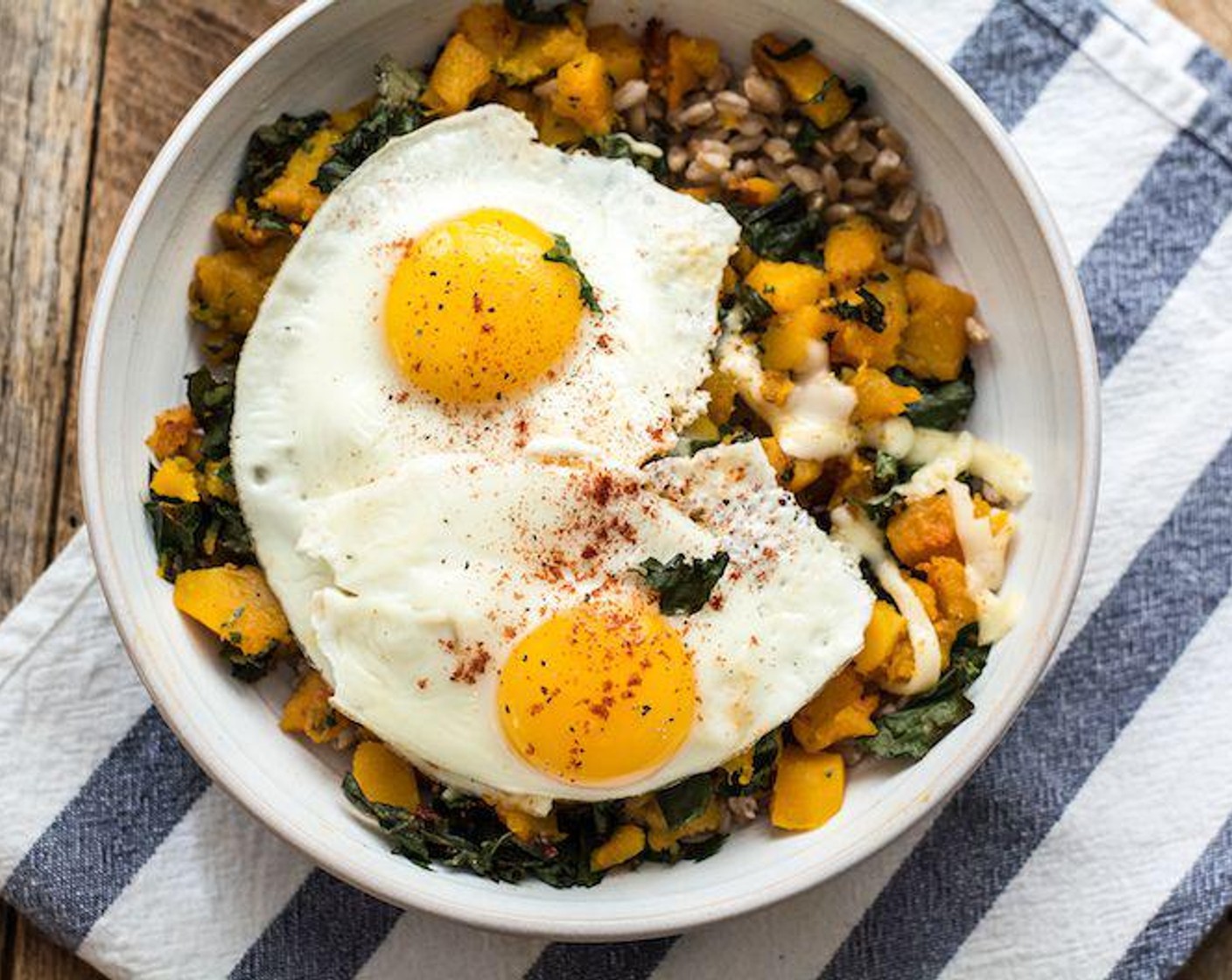 Butternut Squash Kale and Farro Bowl with Eggs