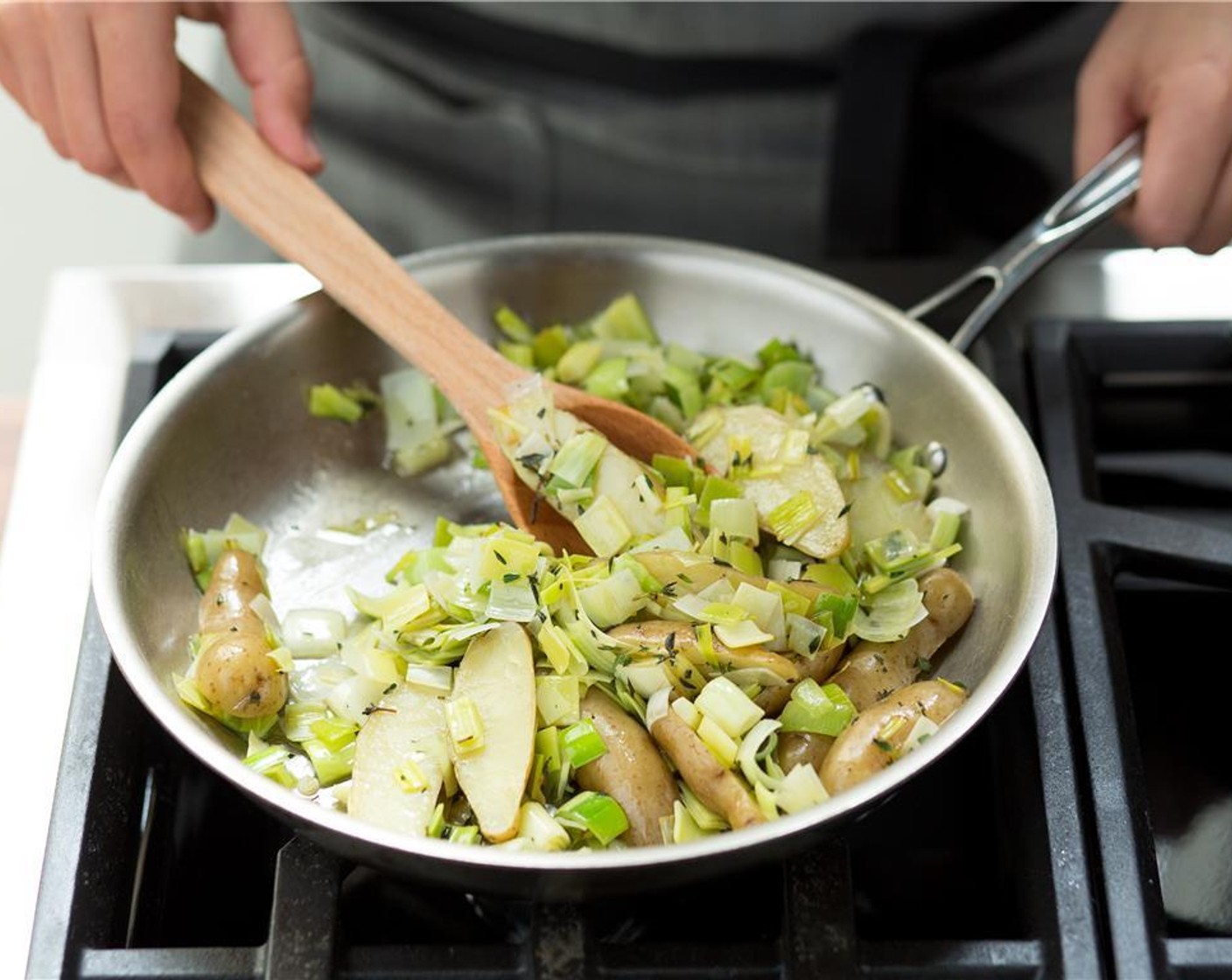 step 6 Heat the Butter (4 Tbsp) in a medium saute pan over medium heat. Once the butter has melted, add the leeks and saute for 3-4 minutes until fragrant and translucent.