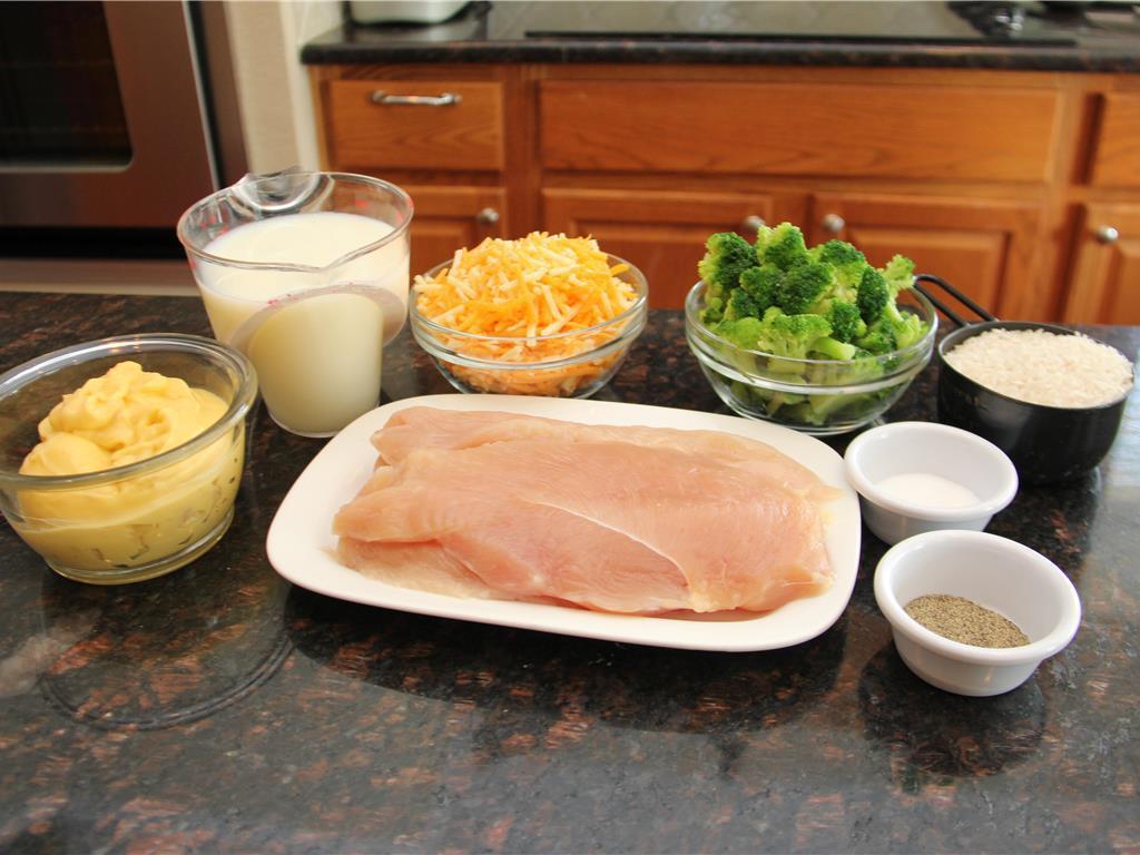 Step 2 of Chicken Broccoli and Rice Casserole Recipe: Gather all of the ingredients for preparation.