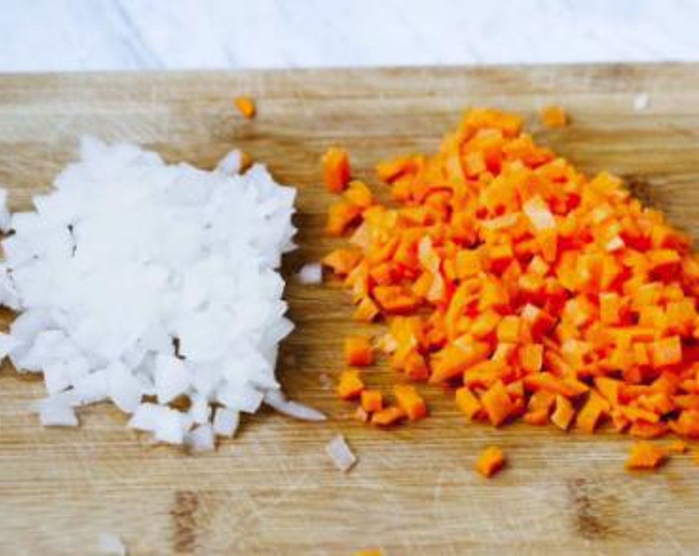 step 1 Chop up Onion (1/4) and dice Carrot (1/4) (try to go as small as you can).