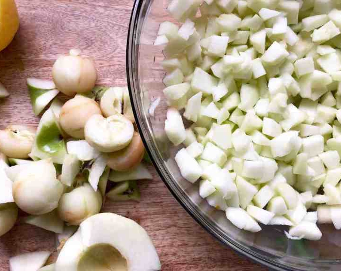 step 3 Peel, halve and core the remaining 3 apples. Cut into 1/3-inch dice. Toss with the remaining lemon juice and set aside.