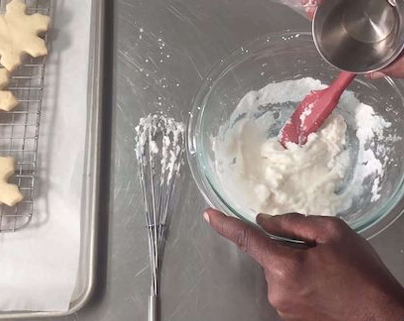 step 12 While the cookies are cooling, add Powdered Confectioners Sugar (1 cup), Vanilla Extract (1 tsp), Water (1 Tbsp), and Corn Syrup (1/2 Tbsp). Mix all the ingredients together. Slowly add more water, 1/2 tsp at a time, if needed.