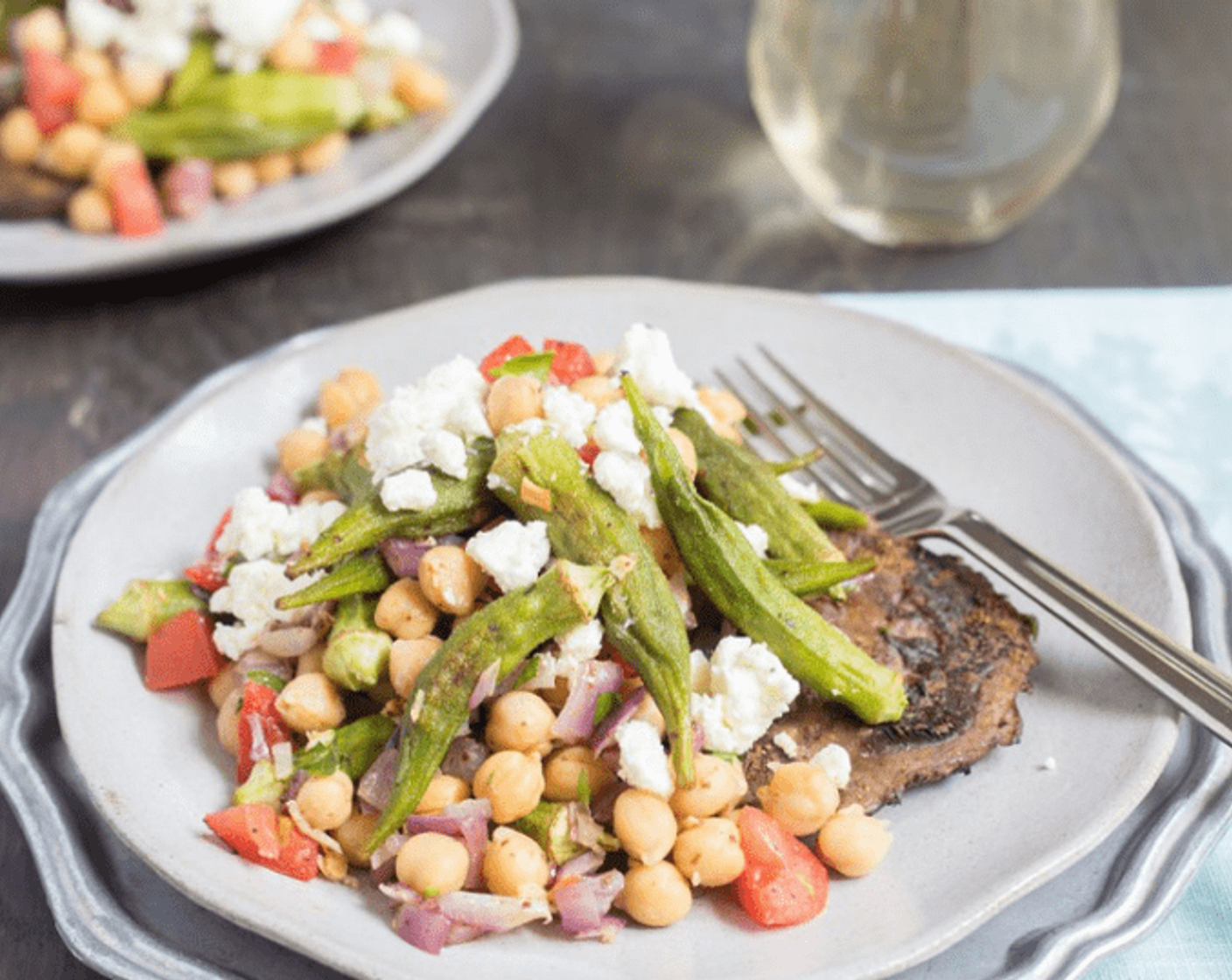 Roasted Portabella Mushroom Topped with Okra and Chickpea Salad