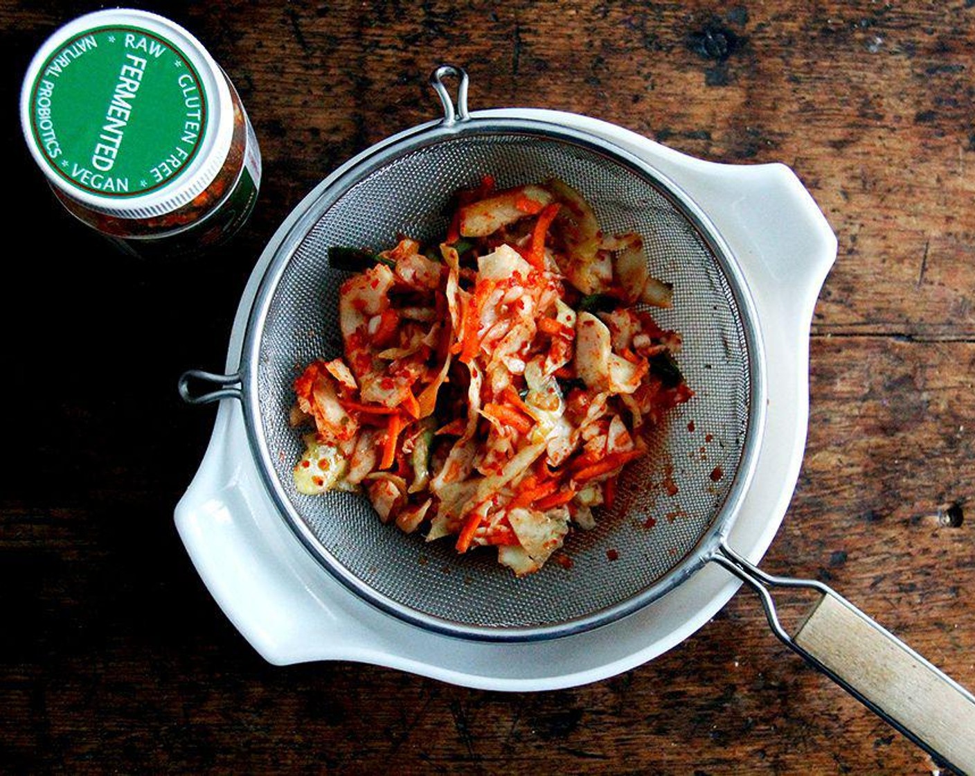 step 1 Drain Vegan Kimchi (1 jar) in a colander or sieve, reserving the liquid. If necessary, chop the kimchi.