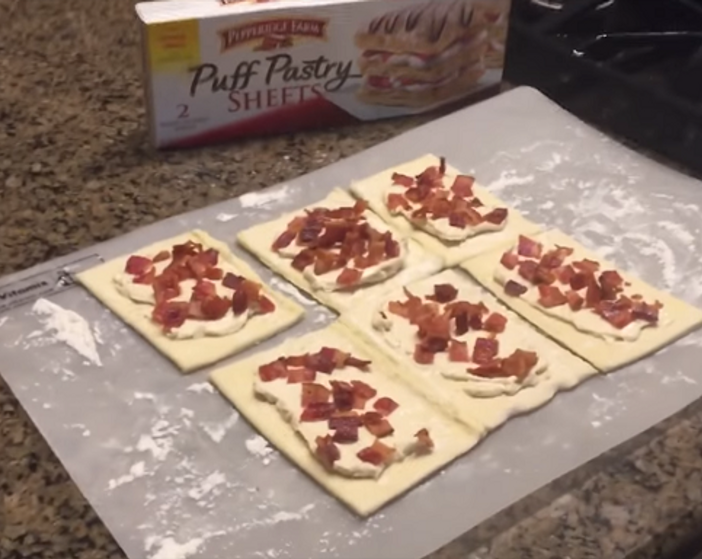 step 6 Evenly chop bacon and evenly distribute bacon pieces over each of the cream cheese fillings on the danishes.