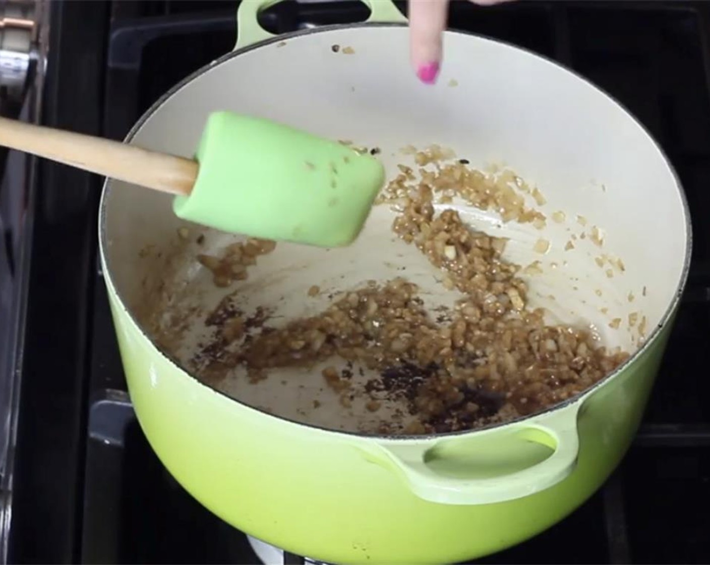 step 6 Add Unsalted Butter (2 Tbsp), onion and garlic. Add some salt and cook until toss. The dark color comes from the browned sausage.