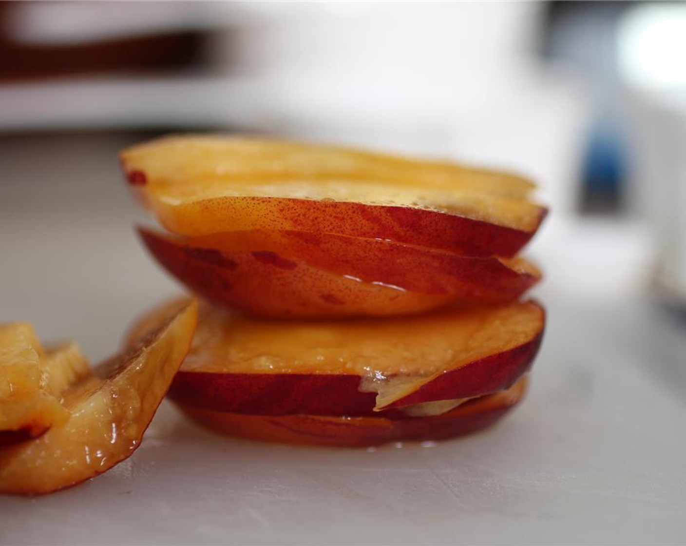 step 2 Slice the Peaches (3 1/2 cups) thinly, leaving the skin on for texture.