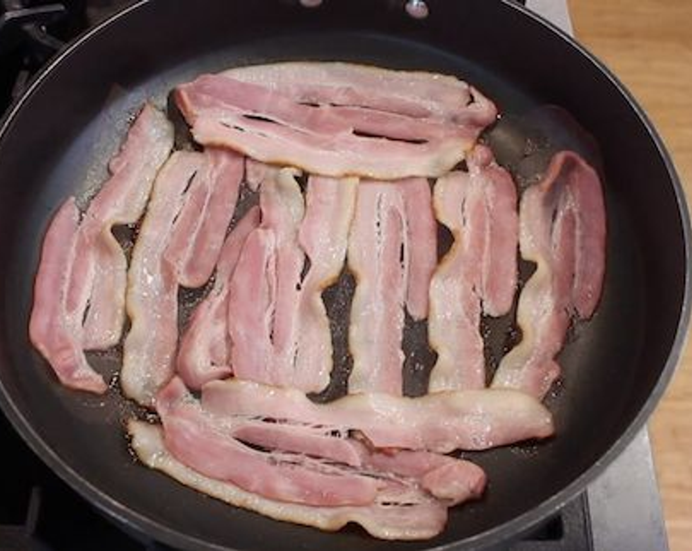 step 1 To start, into a non stick pan over a medium to hight heat add in your Bacon (11 slices). You want the bacon to get crispy but not totally dry out - we still want some juiciness there. Keep mixing it around over that heat for several minutes or until the fat renders down and the bacon starts to foam a little.