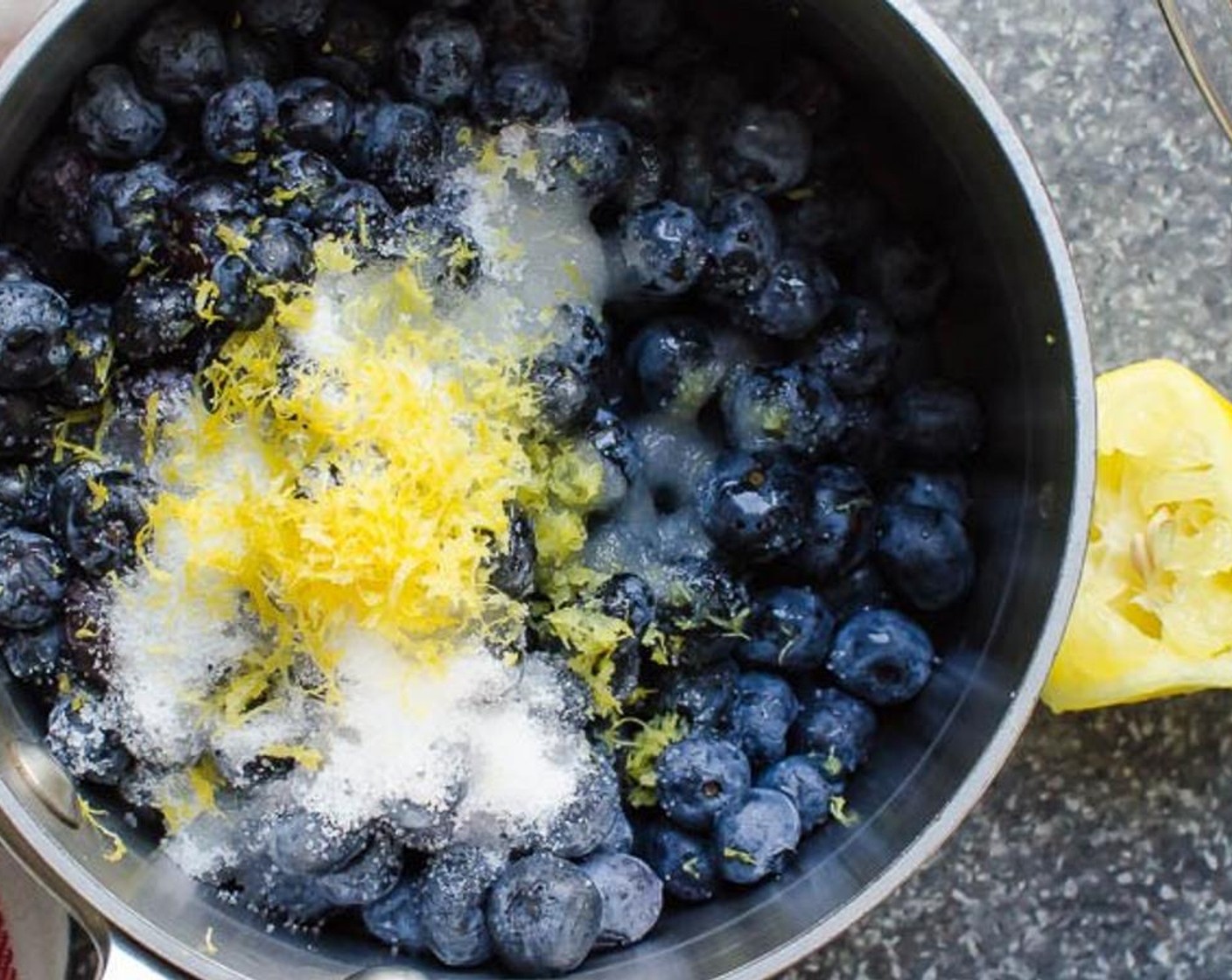 step 5 In a small saucepan add the Fresh Blueberries (2 1/2 cups), Granulated Sugar (1/4 cup), zest and juice from Lemon (1). Stir and heat over medium-high heat, stirring occasionally until sugar dissolves and mixture starts to bubble.