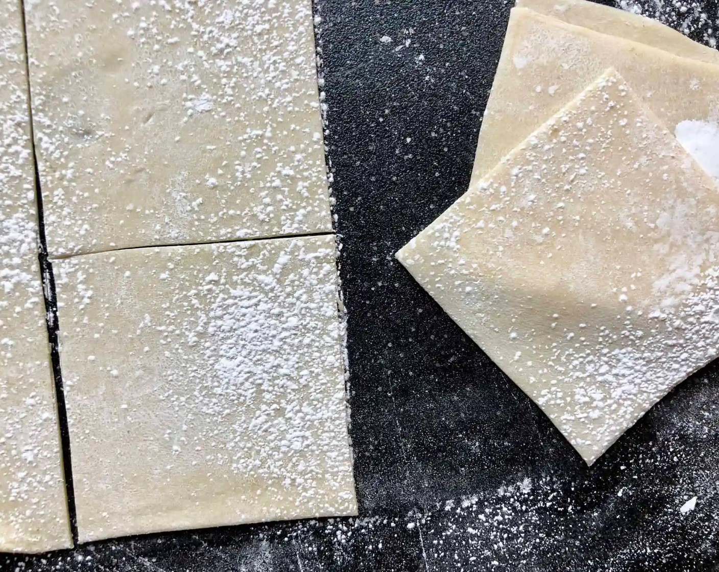 step 8 Cut the sheet into your desired shapes. 5-inch squares are perfect for egg rolls. 3-inch squares or circles are great for wontons or dumplings. Repeat with the remaining dough. Use the wonton wrappers immediately or freeze them for future use.