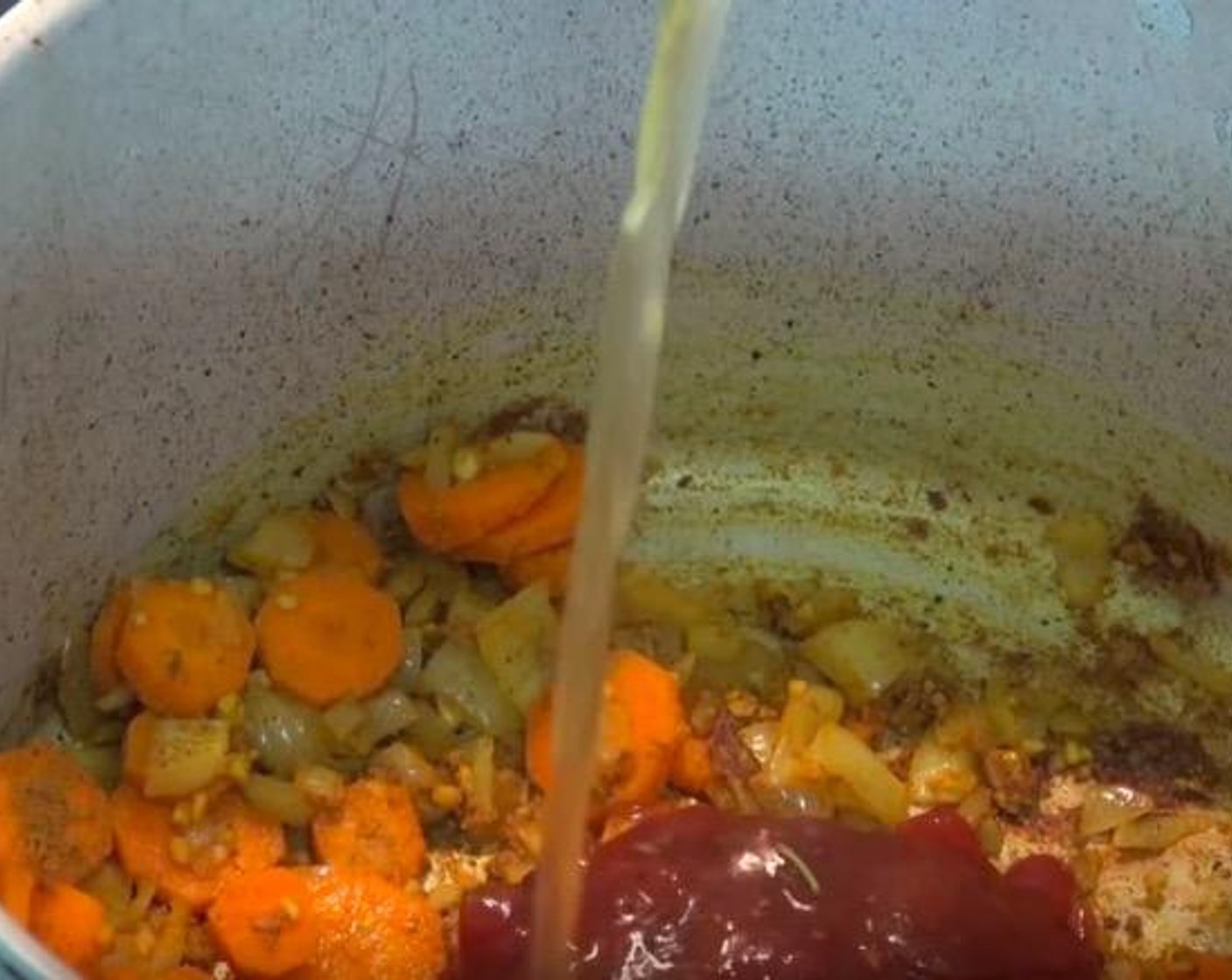 step 3 Add Curry Powder (1 Tbsp) and stir in until it becomes fragrant. Add Fruit Chutney (2 Tbsp) and Chicken Stock (2 cups). Return sausages to the pot, cover and bring to a boil.