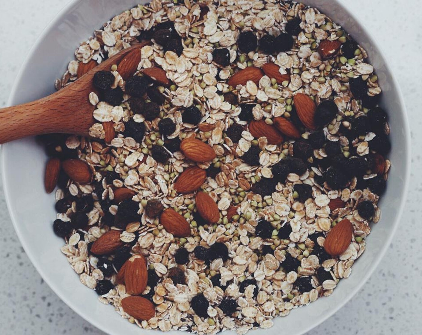 step 2 In a large bowl, stir together the Old Fashioned Rolled Oats (2 cups), Buckwheat Groats (1 cup), Dried Blueberries (1 cup), Raw Almonds (1 cup), Chia Seeds (1/4 cup) and Ground Cinnamon (1 tsp).