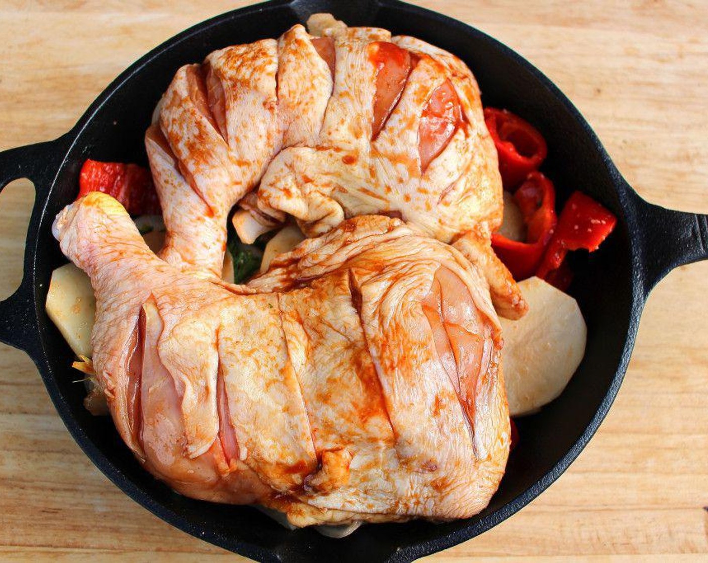 step 5 Top the potatoes with the marinated chicken. Add Chicken Broth (3 cups).