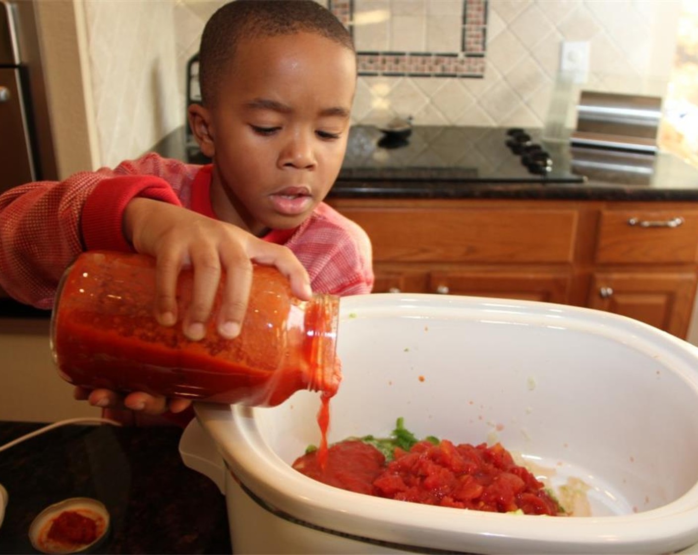 step 4 Add the veggies, the Canned Diced Tomatoes (1 3/4 cups), Water (1 cup) and Marinara Sauce (1.6 lb) to the slow cooker.