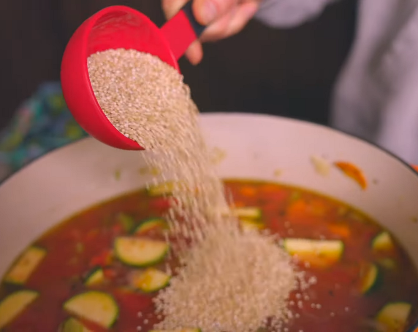 step 6 Add Water (1 cup) and Quinoa (1/2 cup). Cover soup pot with a lid and reduce temp to low. Cook until quinoa is fully cooked, about 15 minutes.